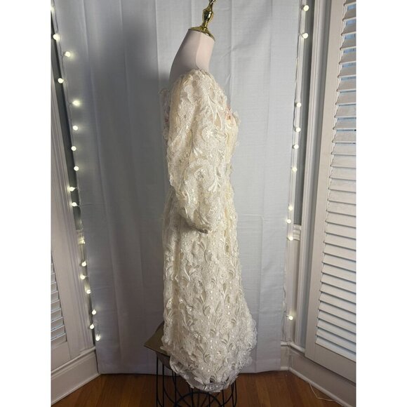 Vintage Richilene Lace Dress With Embroidered Floral Design & Puff Sleeves - Picture 3 of 12